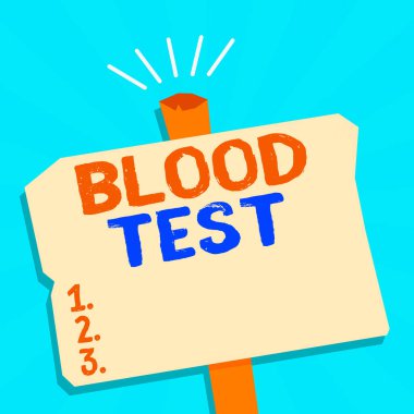 Kan Testi 'ni gösteren not yazıyorum. Bir organizmadan alınan kan örneğinin laboratuvar analizini kusursuzlaştırmak için iş fotoğrafı gösteriliyor. Boş Eski Kullanılmış Sivri uçlu Geometrik Şekil Yarısı