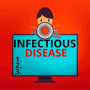 Bulaşıcı Hastalıkları gösteren bir not yazıyorum. Virüsler gibi patojenik mikroorganizmaların neden olduğu iş fotoğraflarının sergilenmesi, vb. Bağlı PC Monitörünün Arkasındaki Adam Konuşuyor ve Megafonu Tutuyor.