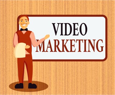 Kelime yazma videosu pazarlama. Üniformalı El Sunumu Boş Menü Kurulu Üniformalı Gülümseyen Erkek Garson 'u tanıtmak ve pazarlamak için video kullanmak için iş konsepti.
