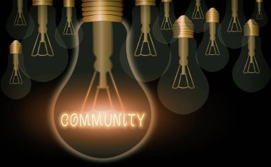 Kelime yazma topluluğu. Ortak özellikleri olan iş dünyası konsepti. Birlikte yaşayan gerçekçi renkli ampuller, fikir işareti çözümü kavramı..