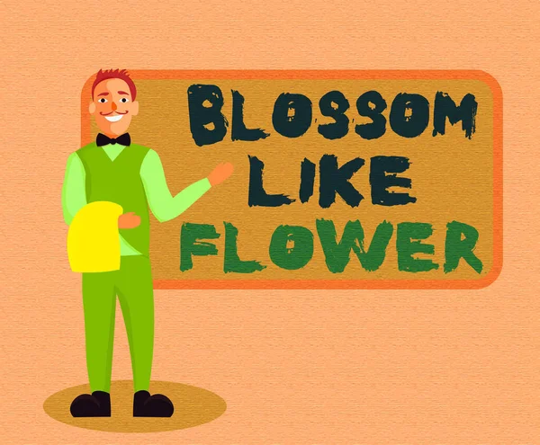 Escribiendo una nota que muestra Blossom Like Flower. Foto de negocios que muestra a un individuo con buenas cualidades que irradia amor, felicidad y belleza Camarero masculino de pie en el menú de presentación de la mano uniforme —  Fotos de Stock