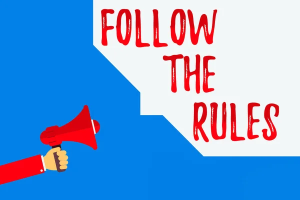 Word writing text Follow The Rules. Business concept for learn to conform the compliance, regulations, or guidelines Hu analysis Hand Holding Megaphone and Blank Geometric shape Half Speech Bubble. — Stock Photo, Image