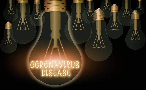 Texto de escritura de palabras Enfermedad por Coronavirus. Concepto de negocio para definido como enfermedad causada por un nuevo virus SARSCoV2 Bombillas de luz vintage de color realista, concepto de pensamiento de solución de signo de idea . —  Fotos de Stock