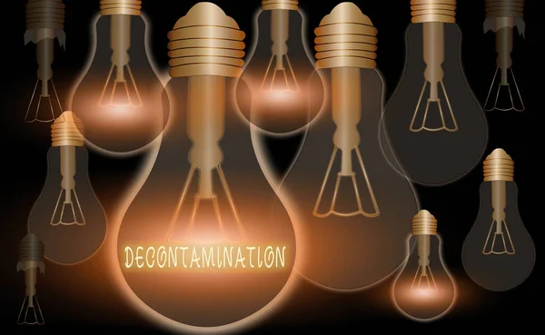 Text sign showing Decontamination. Conceptual photo neutralizing every presence of hazardous substances Realistic colored vintage light bulbs, idea sign solution thinking concept. — Stock Photo, Image