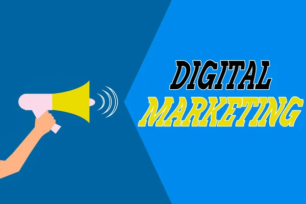 Testo di scrittura di parola Digital Marketing. Business concept per la promozione di prodotti o marchi utilizzando dispositivi elettronici Analisi Hu Hand Holding Megafono con icona Sound Volume Effect Text Space. — Foto Stock