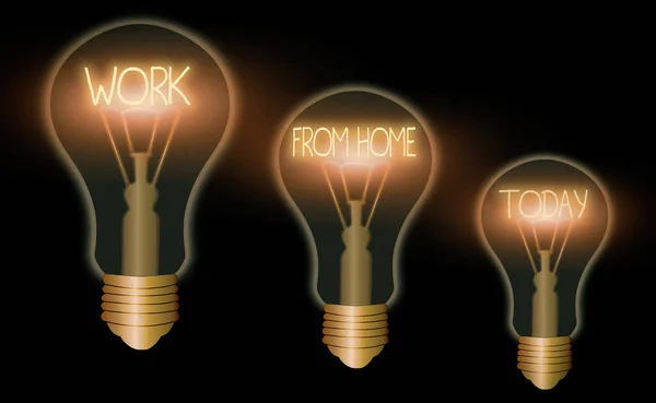 写便条，说明在家工作。商务图片展示与公司的沟通主要从国内灵活的彩色复古灯泡、创意符号解决方案. — 图库照片
