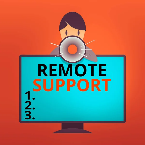 Writing note showing Remote Support. Business photo showcasing type of secure service, which permits representatives to help Man Behind mounted PC Monitor Talking and Holding Megaphone. — Stock Photo, Image