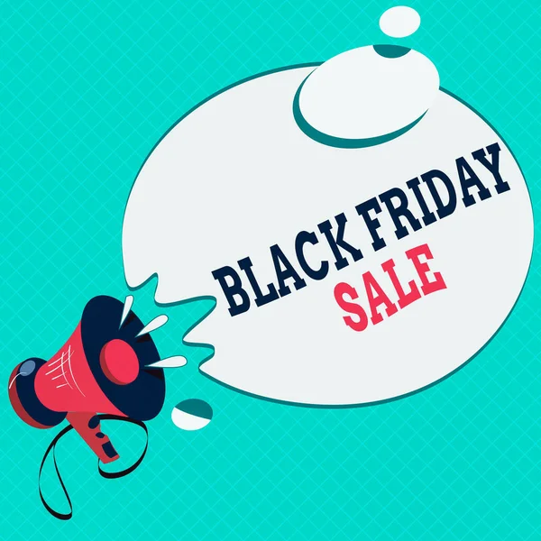 Conceptual hand writing showing Black Friday Sale. Business photo text Attract the buyers with Exclusive product s is lower price Megaphone with Sound Effect Round Halftone Thought Bubble. — Stock Photo, Image