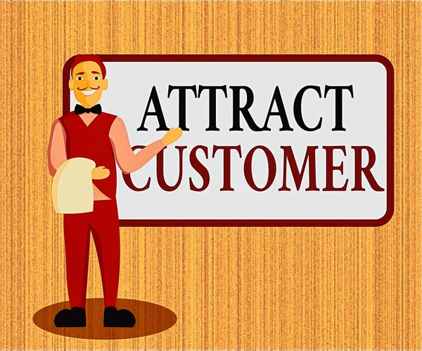 Word writing text Attract Customer. Business concept for enthusiasm and appeal in marketing draw attention to buyer Male Waiter Smiling Standing in Uniform Hand Presenting Blank Menu Board.