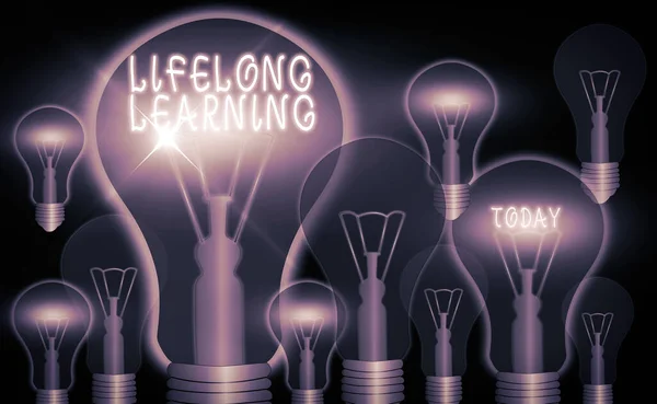 Writing note showing Lifelong Learning. Business photo showcasing pursuit of knowledge for an individualal or professional reasons Realistic colored vintage light bulbs, idea sign solution.