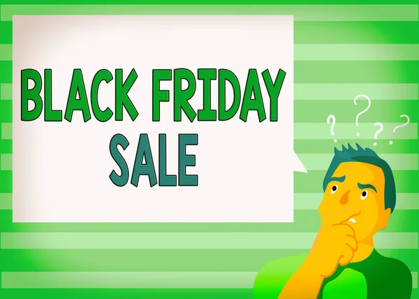 Writing note showing Black Friday Sale. Business photo showcasing Attract the buyers with Exclusive product s is lower price Man Expressing Hand on Mouth Question Mark icon Text Bubble. — Stock Photo, Image
