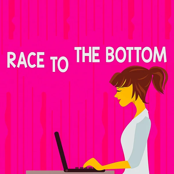 Σύμβολο κειμένου που δείχνει τον αγώνα προς τα κάτω. Εννοιολογικός διαγωνισμός φωτογραφίας εταιριών Θυσία ποιότητες standards φωτογραφία του Young Busy Woman Sitting Side View and Working on her Laptop. — Φωτογραφία Αρχείου