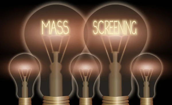 Conceptual hand writing showing Mass Screening. Business photo text health evaluation performed at a large amount of population Realistic colored vintage light bulbs, idea sign solution.