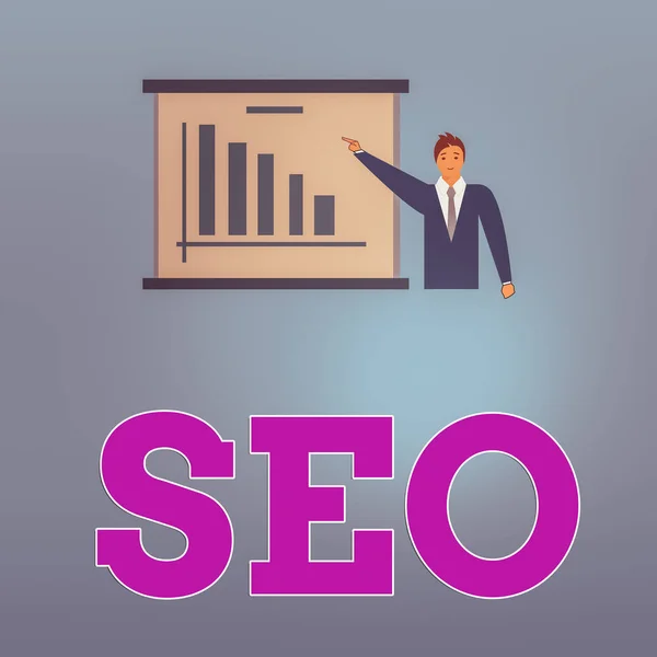 Texto de escritura Seo. Concepto que significa optimización de motores de búsqueda que aumenta la calidad y cantidad de tráfico Man in Business Suit Standing Pointing a Board with Bar Chart Copy Space . — Foto de Stock