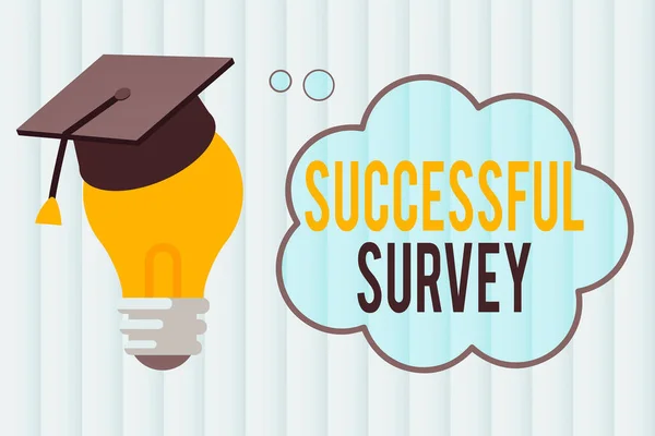 Text sign showing Successful Survey. Conceptual photo generate high response rate allow more efficient analysis 3D Graduation Cap Thinking Resting on Bulb with Blank Cloud Thought Bubble.