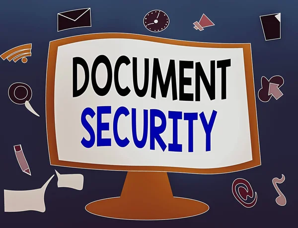 Writing note showing Document Security. Business photo showcasing maintenance of security of all of the important archives Web Application Software icons Surrounding Computer Monitor.