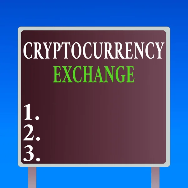 Kézírás szöveg Cryptocurrency Exchange. Koncepció jelentése lehetővé teszi az ügyfél számára, hogy a kereskedelmi digitális pénzt más eszközök üres tér alakú Billboard Álló keret határ Kültéri megjelenítés. — Stock Fotó