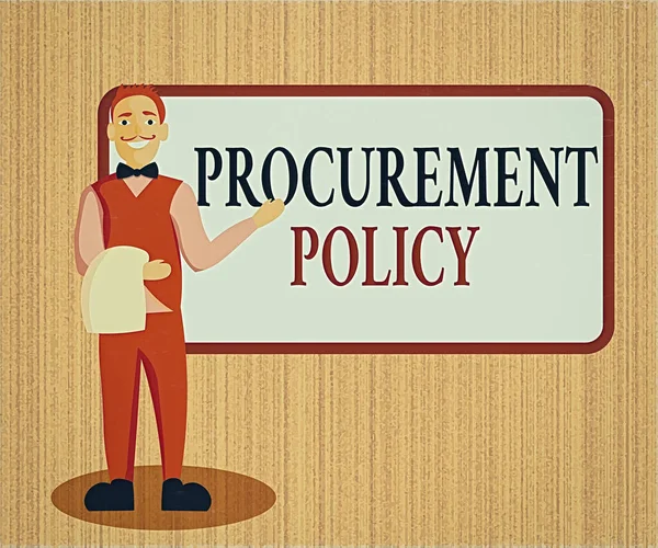 Word writing text Procurement Policy (en inglés). Concepto de negocio para gobernar la elección de los proveedores utilizados para decir a sus proveedores Camarero masculino sonriendo de pie en uniforme mano presentando en blanco Menu Board . — Foto de Stock