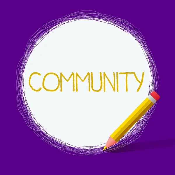 Tekst schrijven Gemeenschap. Business concept voor groep van tonen met een gemeenschappelijke kenmerken samenleven Freehand krabbelen van ronde lijnen met behulp van potlood op witte vaste cirkel. — Stockfoto