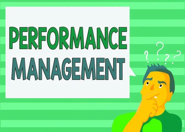 Writing note showing Performance Management. Business photo showcasing ongoing process of communication that occurs all year Man Expressing Hand on Mouth Question Mark icon Text Bubble. — Stock Photo, Image