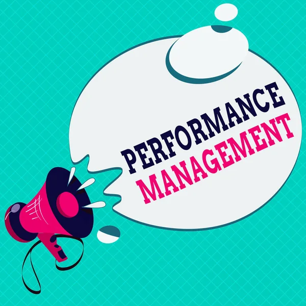 Conceptual hand writing showing Performance Management. Business photo text ongoing process of communication that occurs all year Megaphone with Sound Effect Round Halftone Thought Bubble. — Stock Photo, Image