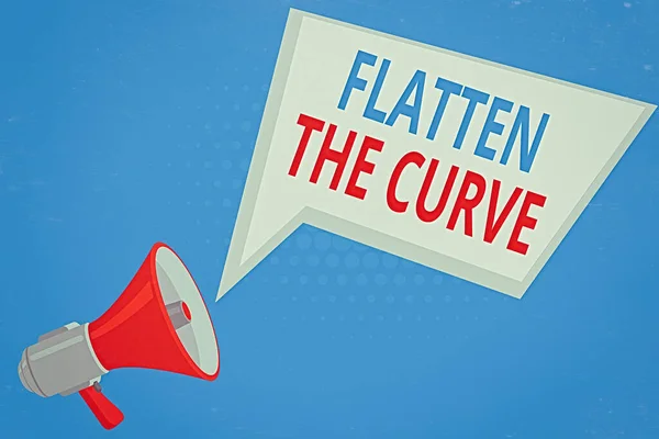 Käsiala Flatten the Curve. Käsitteen merkitys tietoisuuden lisääminen tartuntataudin nopeuden hidastamisesta Megafoni Kaiutin ja tyhjä geometrinen muoto Puhekupla. — kuvapankkivalokuva