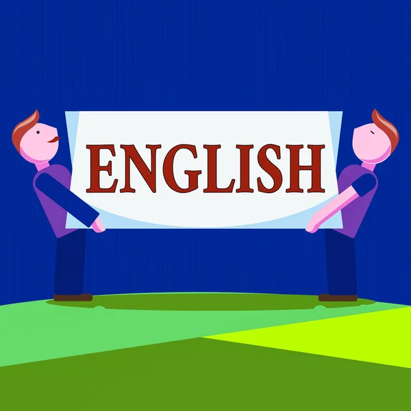 Scrittura concettuale a mano che mostra l'inglese. Business photo vetrina possibile comunicazione tra i paesi l'unica lingua comune Due uomini che trasportano rettangolare pannello bianco bordo su entrambi i lati. — Foto Stock