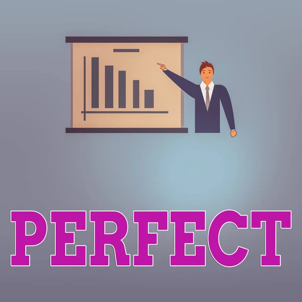 Handwriting text Perfect. Concept meaning complete without defects or blemishes precisely accurate or exact Man in Business Suit Standing Pointing a Board with Bar Chart Copy Space. — Stock Photo, Image