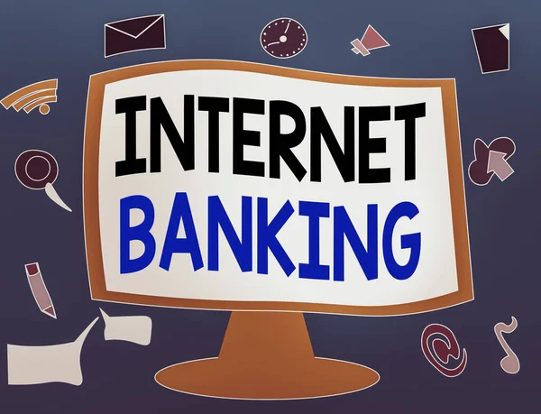 Writing note showing Internet Banking. Business photo showcasing a method of investment which is conducted electronically Web Application Software icons Surrounding Computer Monitor. — Stock Photo, Image