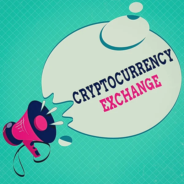 Conceptuele handschrift toont Cryptogeld Exchange. Zakelijke foto tekst kunt client om digitaal geld te ruilen voor andere activa Megaphone met Sound Effect Round Halftone Thought Bubble. — Stockfoto