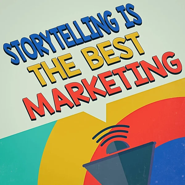 Signo de texto que muestra que Storytelling es el mejor marketing. Foto conceptual Empresas enfoque de marketing eficaz Megáfono Halftone con icono de sonido y burbuja de voz geométrica en blanco . —  Fotos de Stock