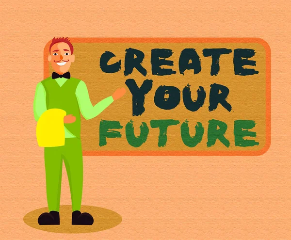 Schrijfbriefje met daarop Create Your Future. Zakelijke foto showcasing Weet wat je wilt en de bereidheid om te doen om te bereiken Man Ober Staande in Uniforme Hand Presentatie Menu Board. — Stockfoto