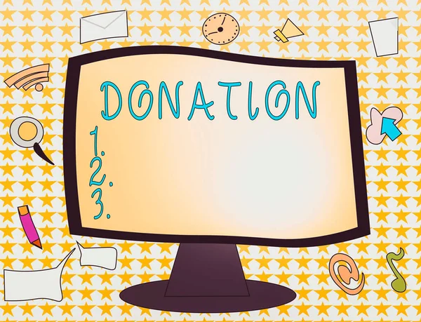 Word writing text Donation. Geschäftskonzept für etwas, das einer Wohltätigkeitsorganisation gegeben wird, insbesondere eine Geldsumme Web Application Software Icons Surrounding Blank Mounted Computer Monitor. — Stockfoto