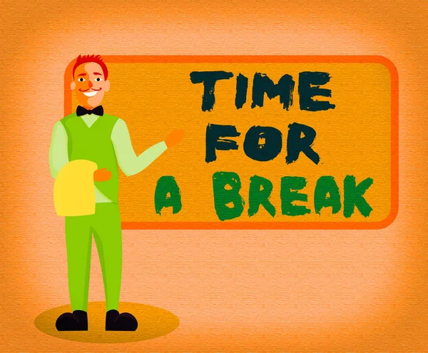 Schreibnotiz, die Time For A Break zeigt. Geschäftsfotos, die einen Zeitplan zeigen, wenn Arbeiter für kurze Zeit aufhören zu arbeiten Männlicher Kellner, der in Uniform die Speisekarte präsentiert. — Stockfoto
