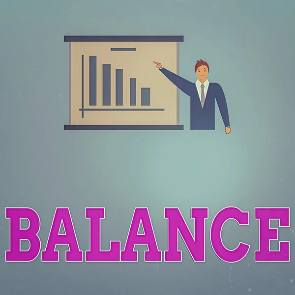 Texto de escritura Balance. Concepto: condición en la que diferentes elementos son iguales o correctos Man in Business Suit Standing Apinting a Board with Bar Chart Copy Space . — Foto de Stock