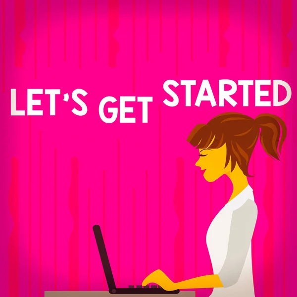 Znak tekstowy pokazujący "Zacznijmy". Koncepcyjne zdjęcie zachęcające kogoś do rozpoczęcia lub rozpoczęcia robienia zdjęć Młodej Zajętej Kobiety siedzącej z boku i pracującej na laptopie. — Zdjęcie stockowe
