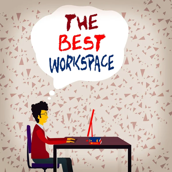 Texte d'écriture Word Le meilleur espace de travail. Concept d'entreprise pour des conditions de travail confortables pour les employés de l'entreprise Homme d'affaires assis directement sur la chaise travaillant sur l'ordinateur et les livres sur la table. — Photo