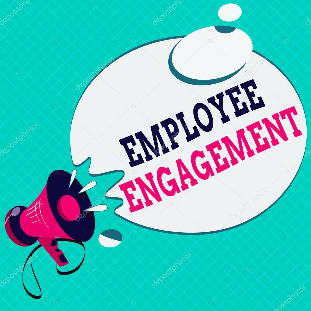 Conceptual hand writing showing Employee Engagement. Business photo text extent to which workers feel passionate about their jobs Megaphone with Sound Effect Round Halftone Thought Bubble.
