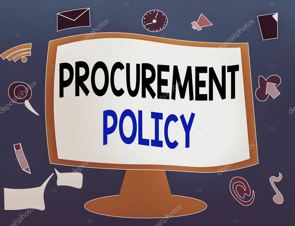 Writing note showing Procurement Policy. Business photo showcasing govern choice of suppliers used to tell their suppliers Web Application Software icons Surrounding Computer Monitor.