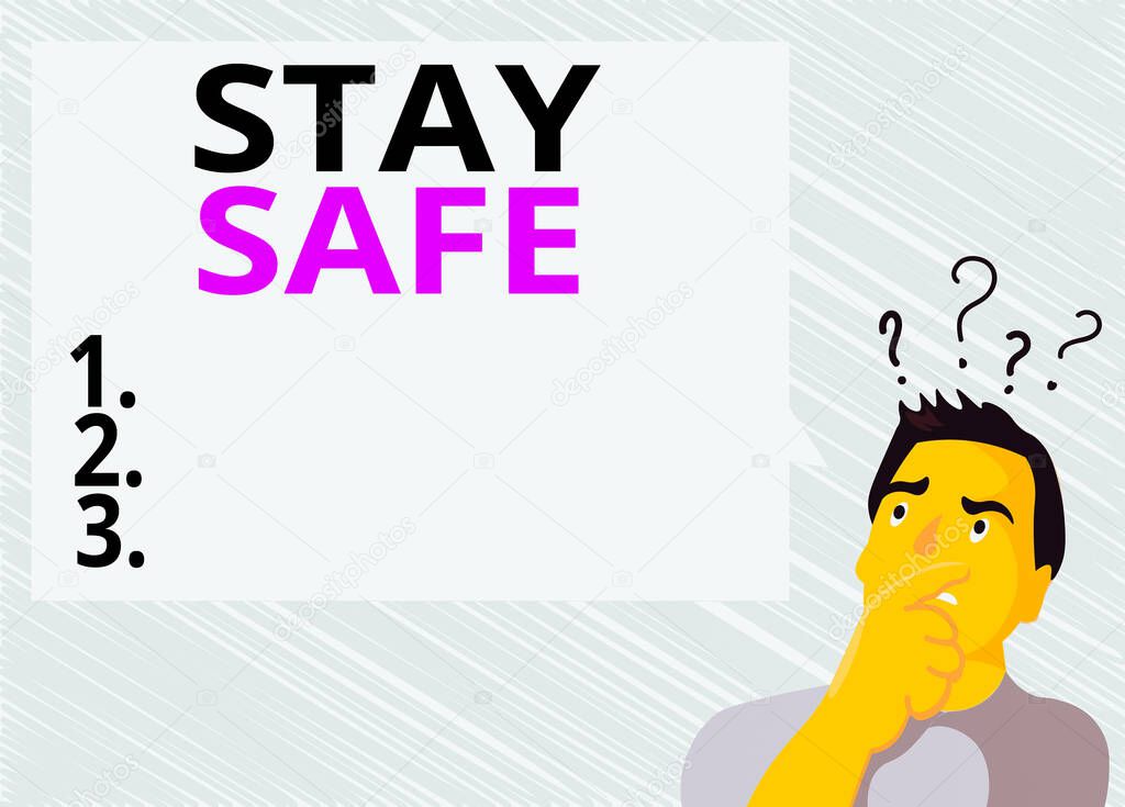 Word writing text Stay Safe. Business concept for secure from threat of danger, harm or place to keep articles Man Expressing Confused Hand on Mouth Question Mark icon Blank Text Bubble.