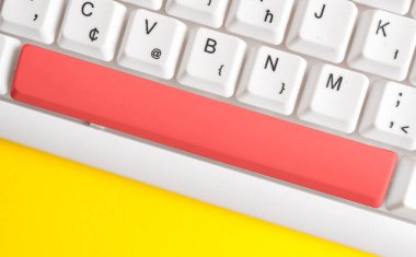 Boş kopya alanı arkaplan kopyalama alanının üzerinde düzenlenmiş olan yeniden renklendirilmiş PC model klavye. Not ve klavyeli iş konsepti. Tanıtım içeriği için boş model alanı