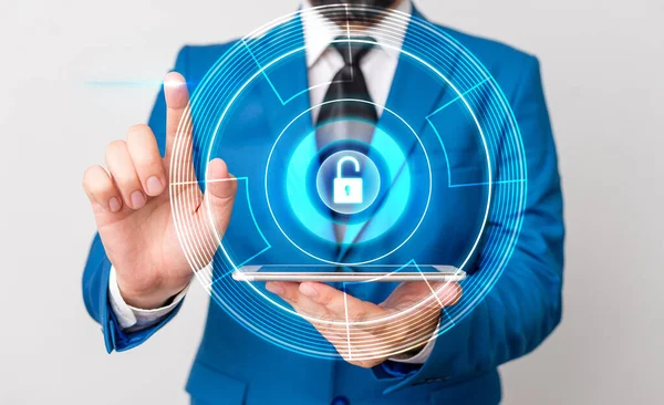 Graphics Of Latest Digital Technology Protection Data Padlock Security On The Virtual Display. Businessman With Lock To Secure. — Stock Photo, Image