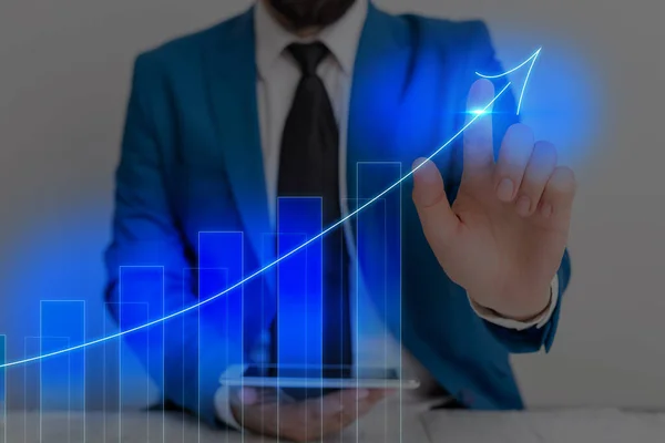 Man Smartphone Illustrating Ascending Trends Performance Bar Graph Increasing Annual Profits. Showing Upward Growth Escalating Movement Rising Financial Stock Chart Status Report.