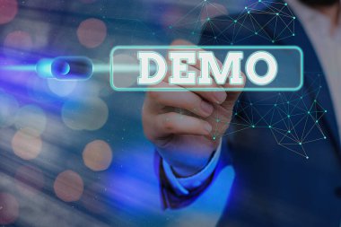 Kelime yazma metni Demo. Örnek gösterim için iş konsepti görsel iletişim yansımasını gösterir Web veri bilgi güvenlik uygulama sistemi için asma kilit.
