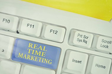 Gerçek zamanlı pazarlamayı gösteren kavramsal el yazısı. İş fotoğrafı iş dünyası stratejisi güncel eğilimler ve müşteri geri bildirimleri üzerine odaklandı.