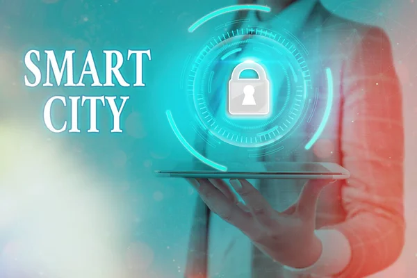 Text sign showing Smart City. Conceptual photo an urban area that uses communication technologies to collect data Graphics padlock for web data information security application system.