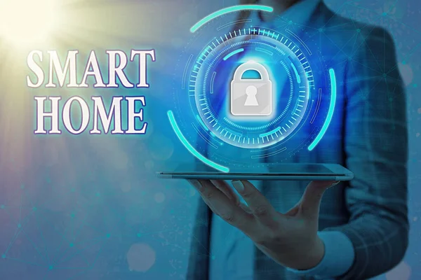 Text sign showing Smart Home. Conceptual photo equipped home can be controlled remotely by phone or computer Graphics padlock for web data information security application system.