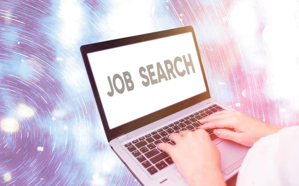 Handwriting text writing Job Search. Concept meaning an act of sourcing for job openings and apply for a position Modern gadgets with white display screen under colorful bokeh background.