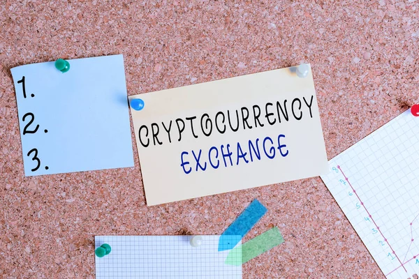 Word writing text Cryptocurrency Exchange. Business concept for allow client to trade digital money for other assets Corkboard color size paper pin thumbtack tack sheet billboard notice board.