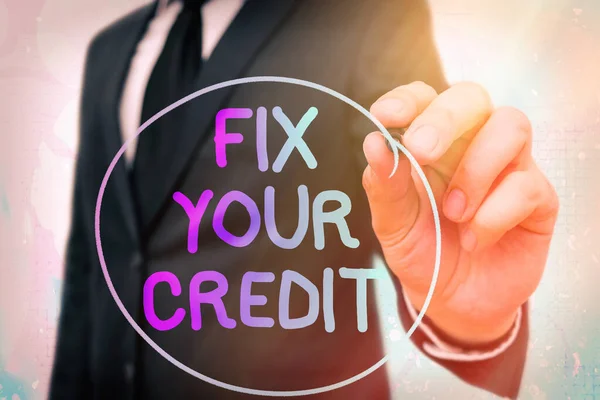 Word het schrijven van tekst Fix Your Credit. Bedrijfsconcept voor het verbeteren of verhogen van uw rating of score om geld te lenen of hypotheek te krijgen. — Stockfoto